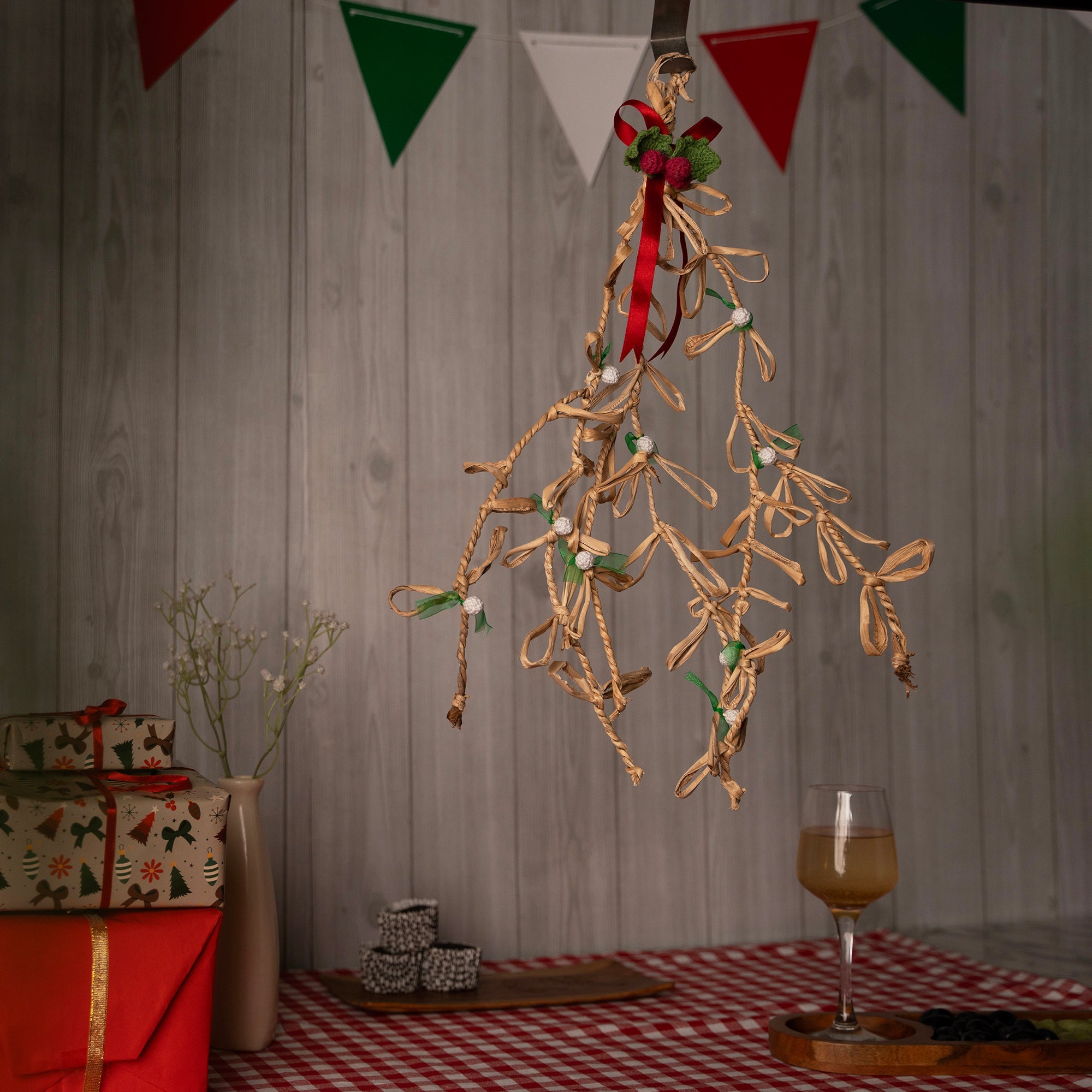 Christmas decor banana rope mistletoe hanging - handcrafted