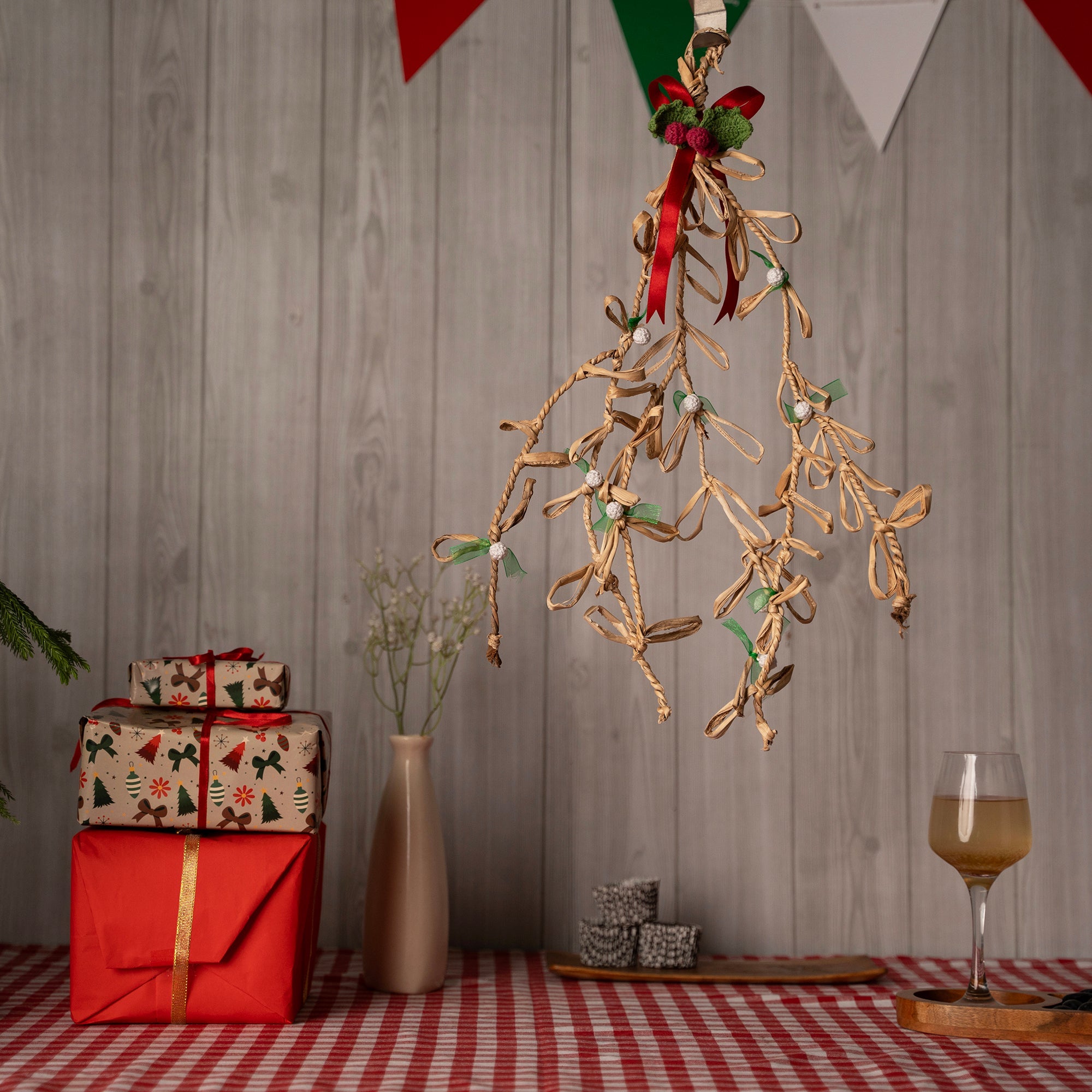 Christmas decor banana rope mistletoe hanging - handcrafted
