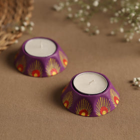  Hexagon - Handpainted Clay Candle Holders (Set of 2) Online in India l iTokri.com 
