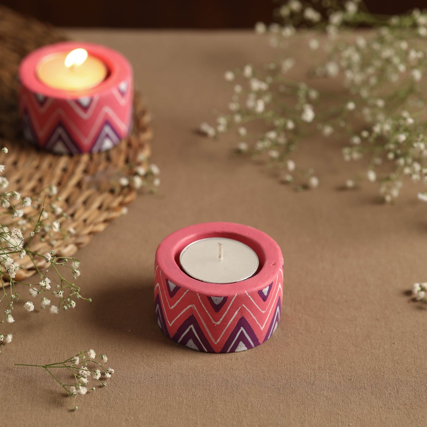  Circle - Handpainted Clay Candle Holders (Set of 2) Online in India l iTokri.com 