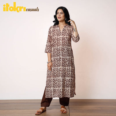 Coffee brown white batik printed cotton long kurta