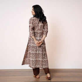 Coffee brown white batik printed cotton long kurta