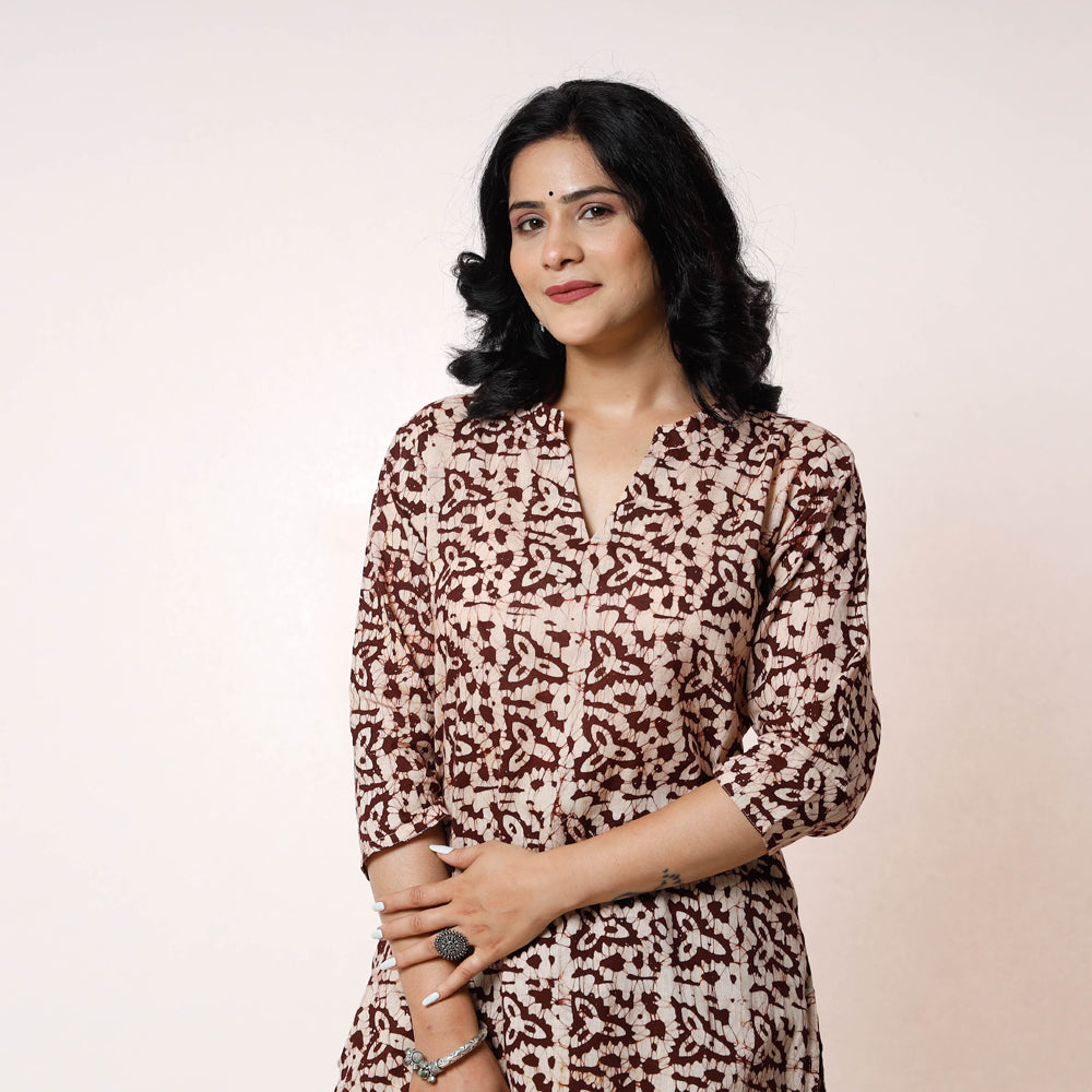 Coffee brown white batik printed cotton long kurta