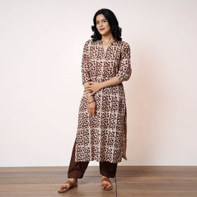 Coffee brown white batik printed cotton long kurta