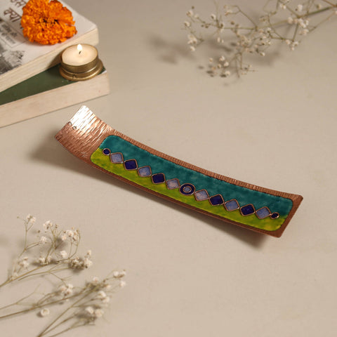Copper hand-hammered enamel work agarbatti stand 02