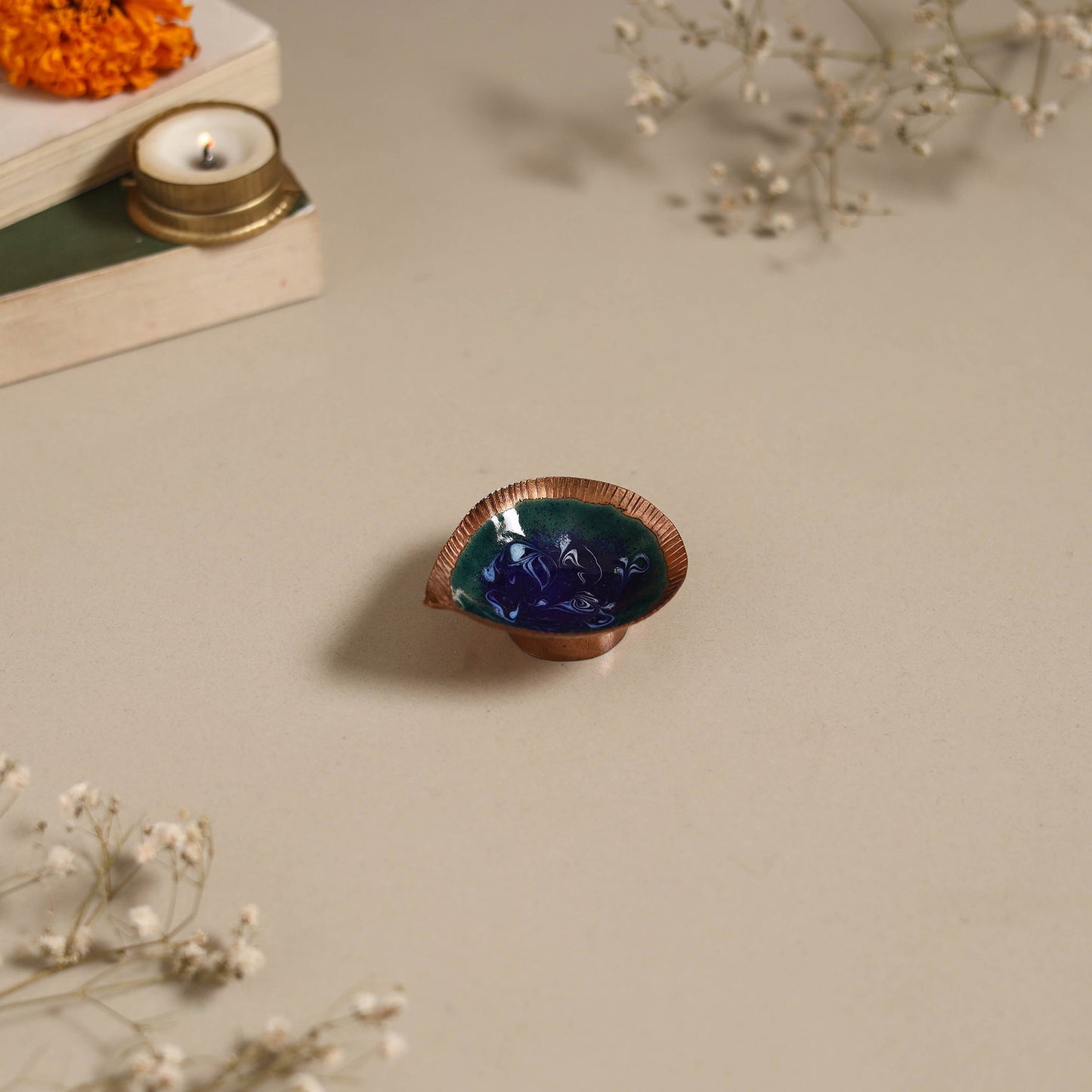 Copper hand-hammered enamel work diya 05 - handcrafted