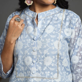  Blue Handwoven Cutwork Cotton Banarasi Kurta 