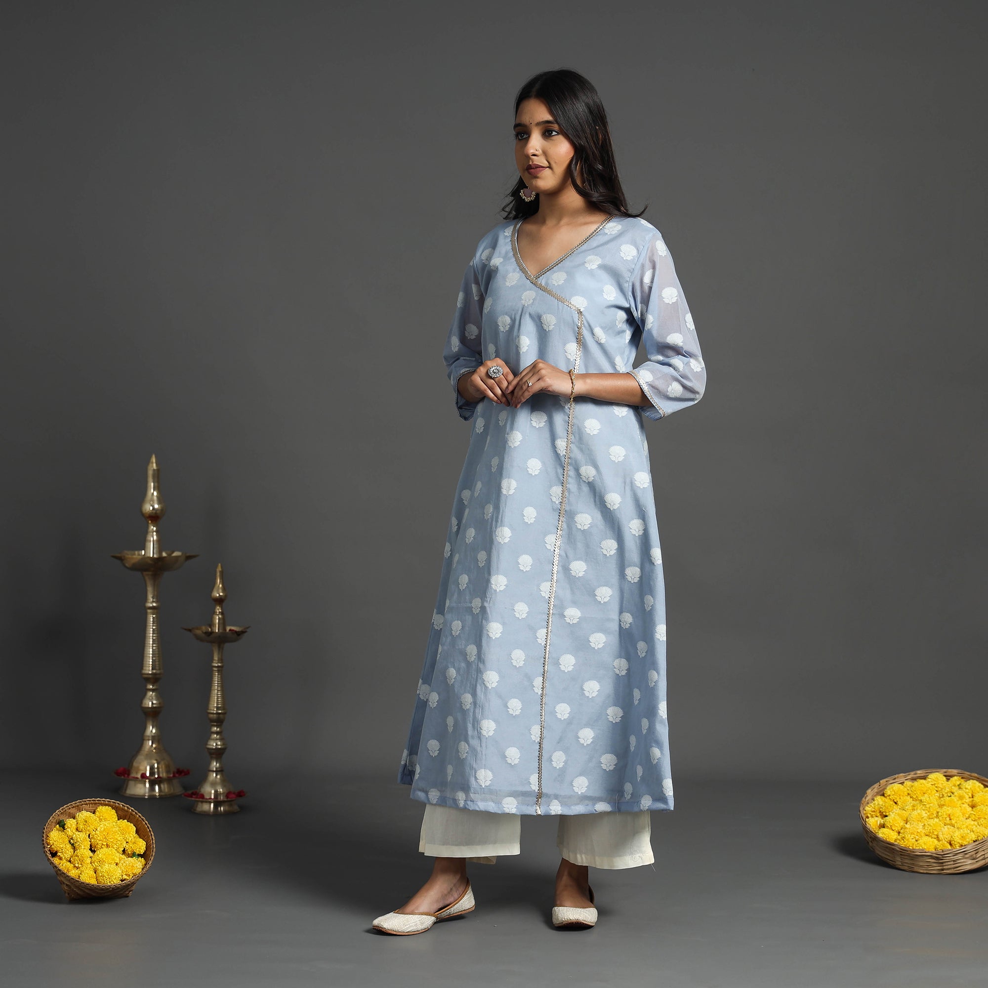  Blue Handwoven Cutwork Cotton Banarasi Kurta 