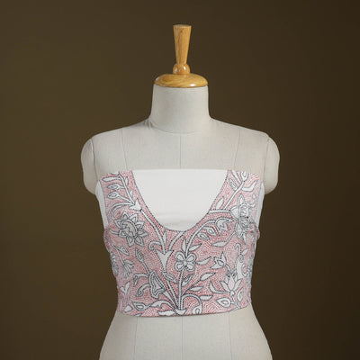 White Cotton Bengal Kantha Stitch Blouse Piece 