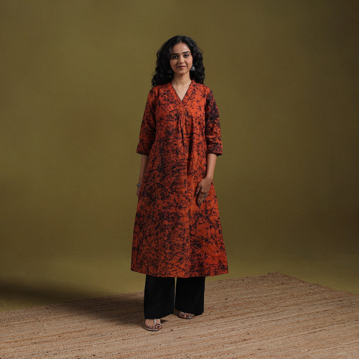 Cotton hand batik embroidered a-line kurta for women 07