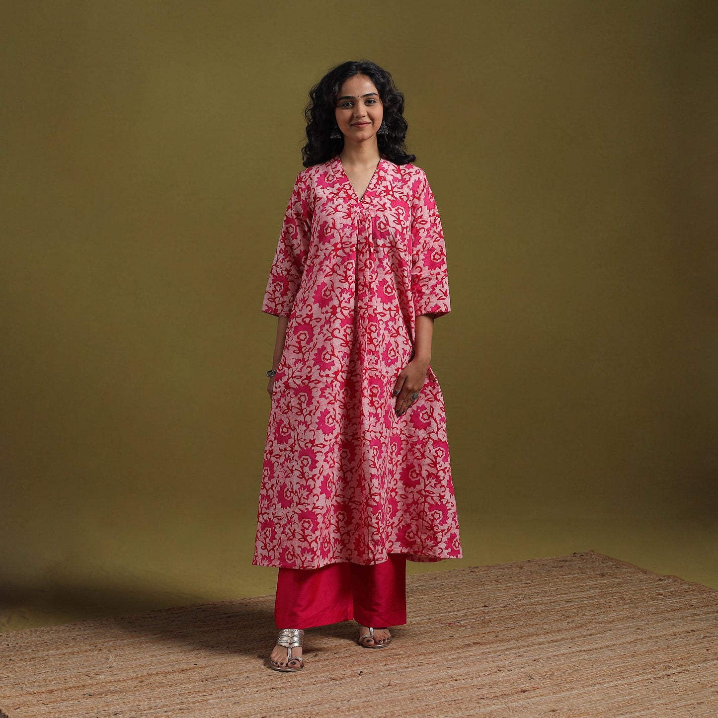 Cotton hand batik embroidered a-line kurta for women 09