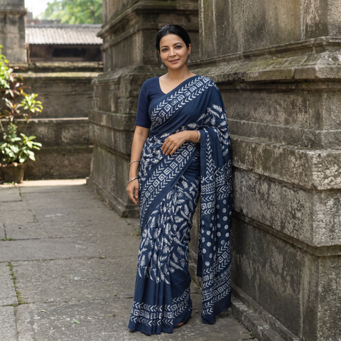 Blue Cotton Hand Batik Print Saree, draped and worn by a woman, AI visual of the saree, iTokri