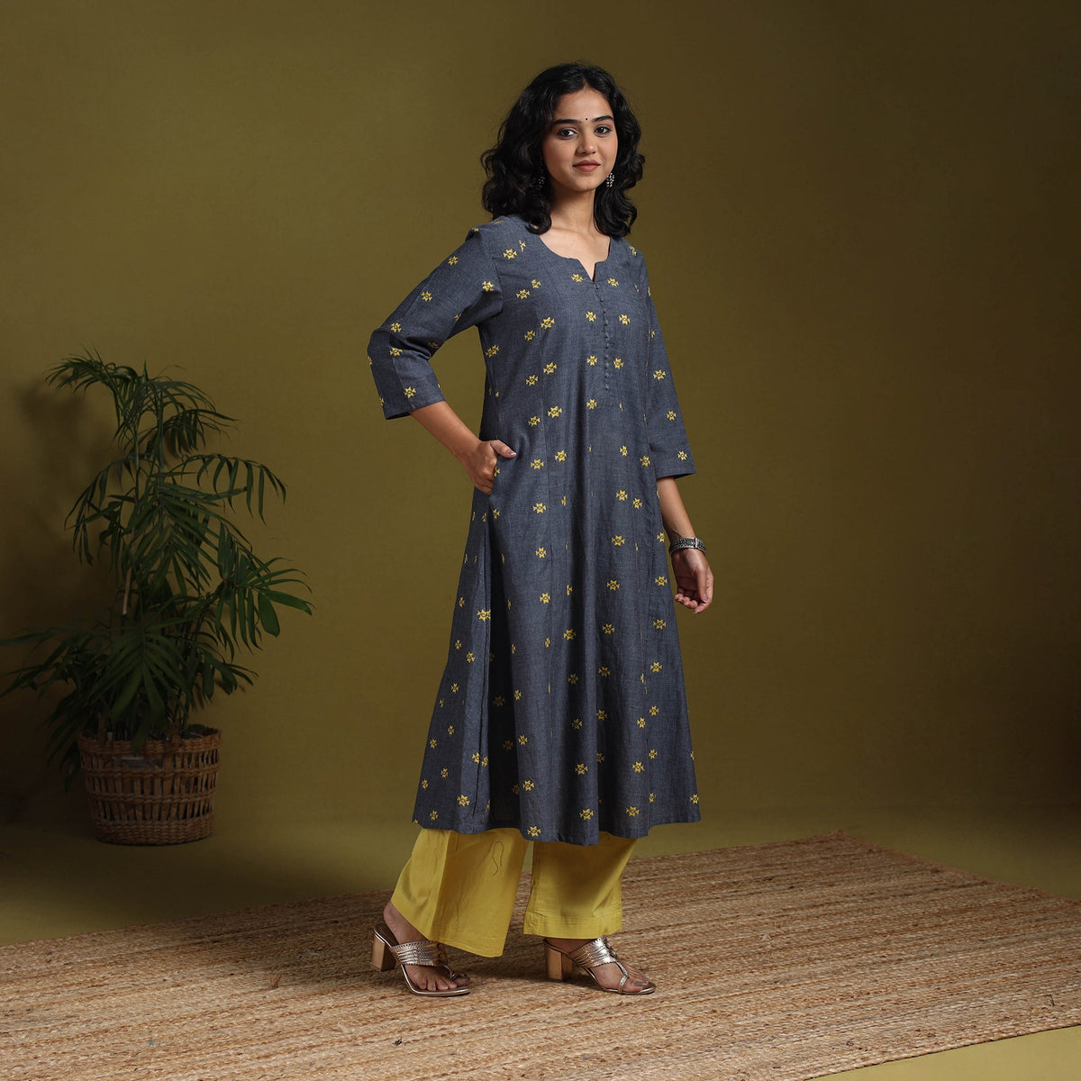 Cotton a-line jacquard kurta 09 - handcrafted