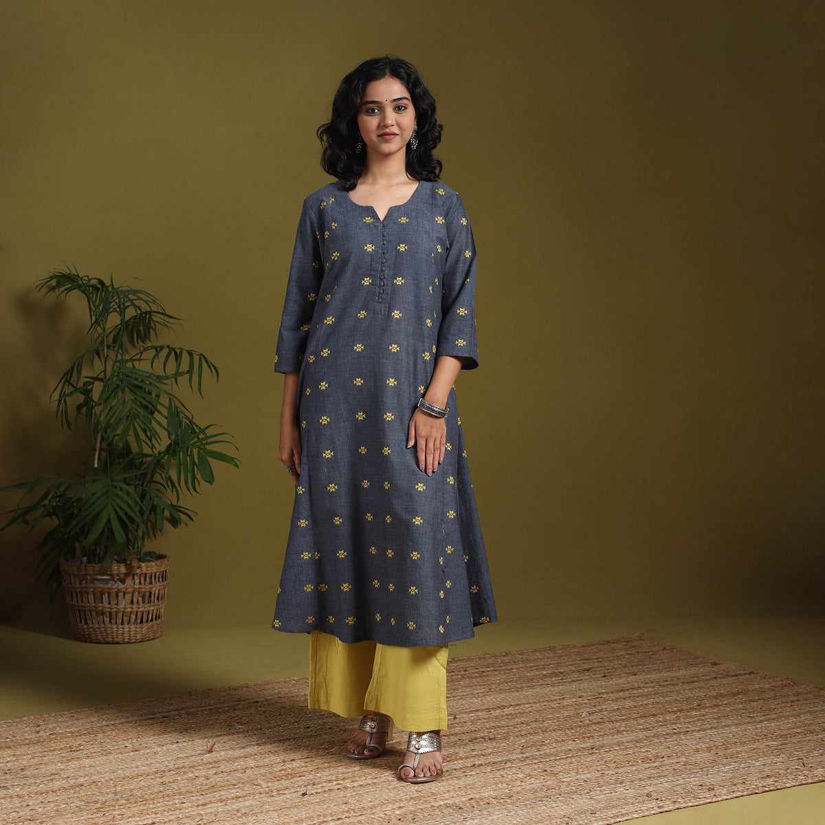 Cotton a-line jacquard kurta 09 - handcrafted