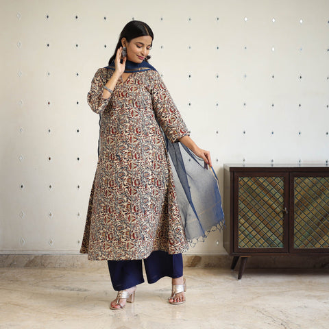 Block Print Cotton Pedana Kalamkari Kurta Set (Set of 3)