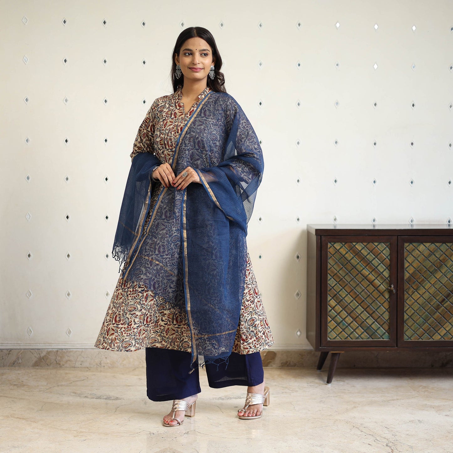 Block Print Cotton Pedana Kalamkari Kurta Set (Set of 3)