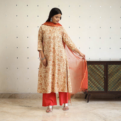 Block Print Cotton Pedana Kalamkari Kurta Set (Set of 3)