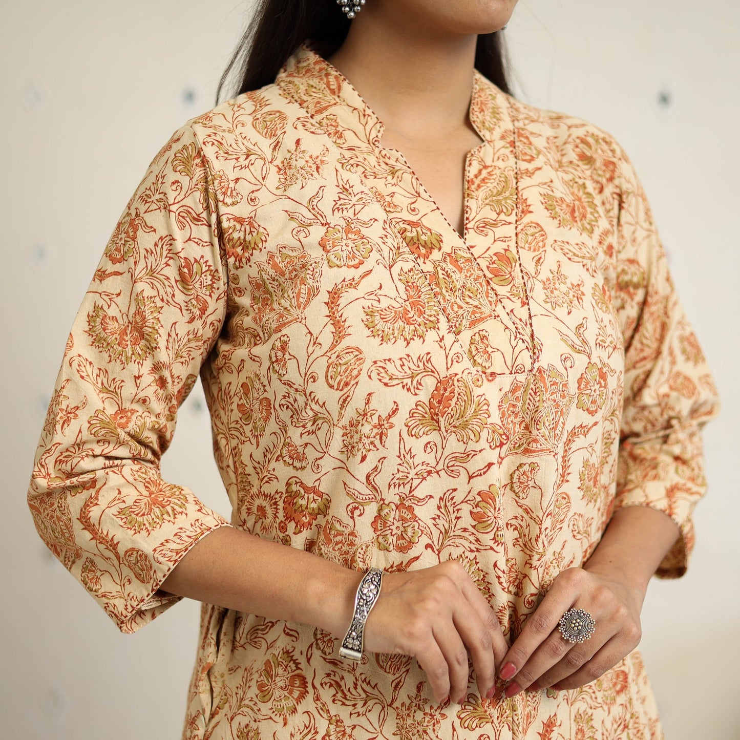 Block Print Cotton Pedana Kalamkari Kurta Set (Set of 3)