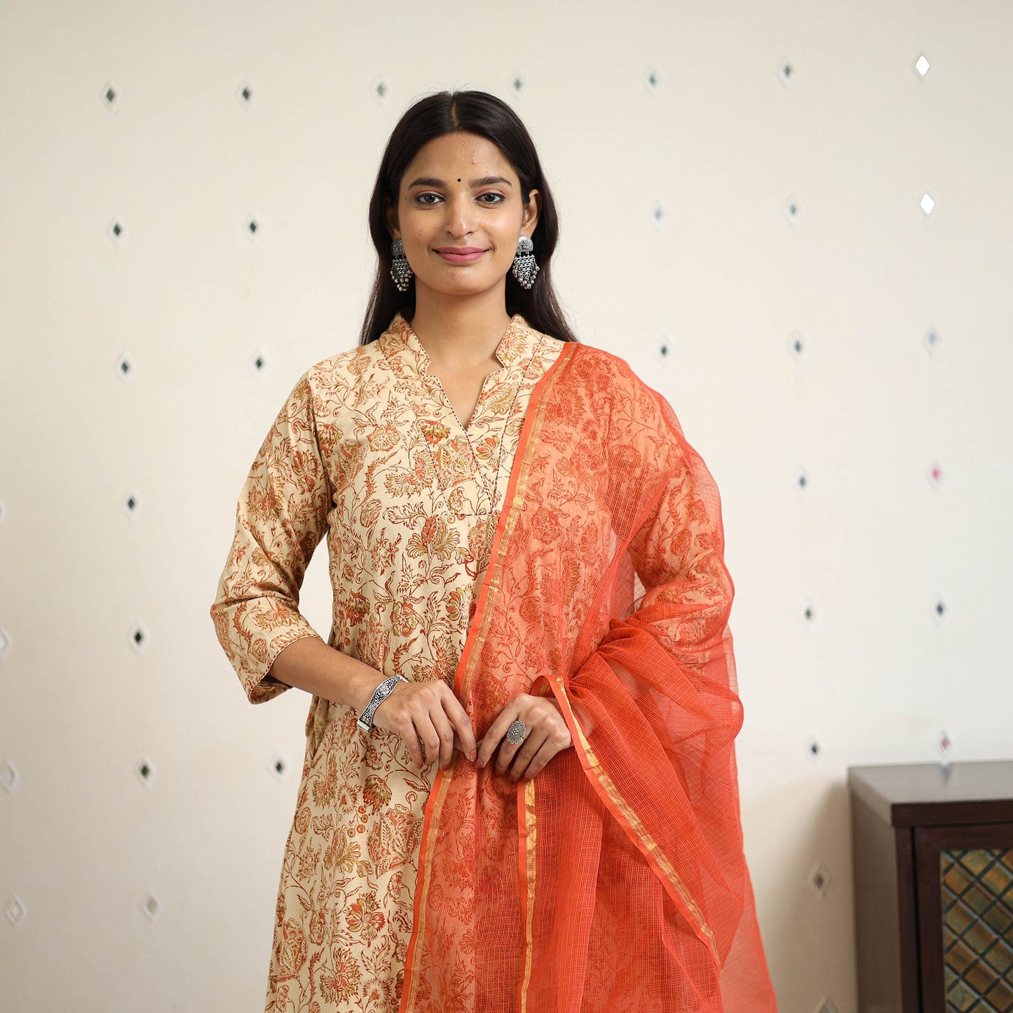 Block Print Cotton Pedana Kalamkari Kurta Set (Set of 3)