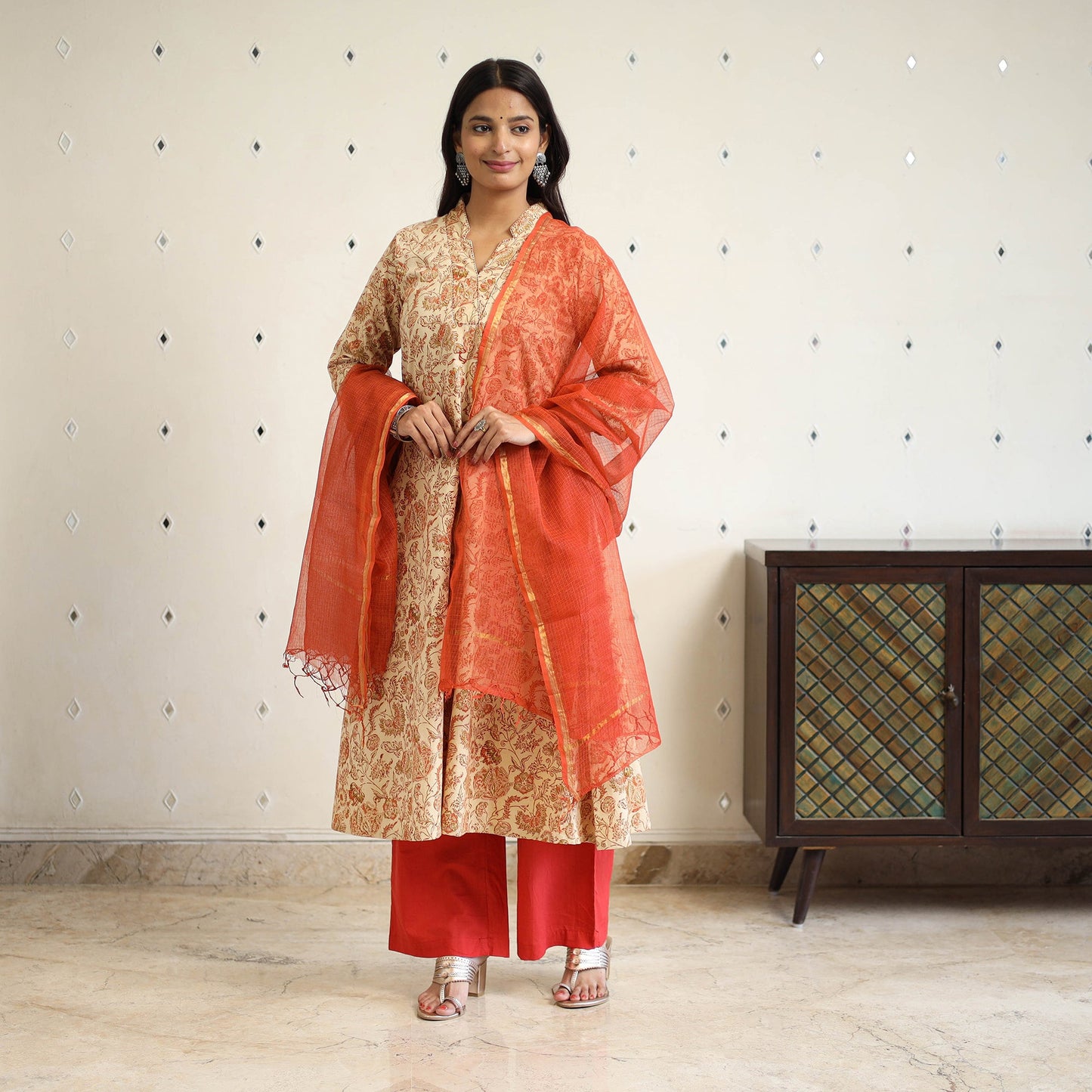 Block Print Cotton Pedana Kalamkari Kurta Set (Set of 3)