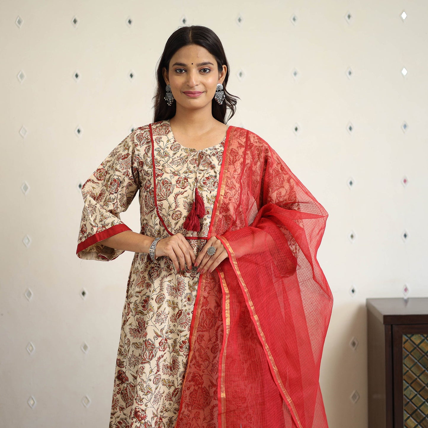 Block Print Cotton Pedana Kalamkari Kurta Set (Set of 3)