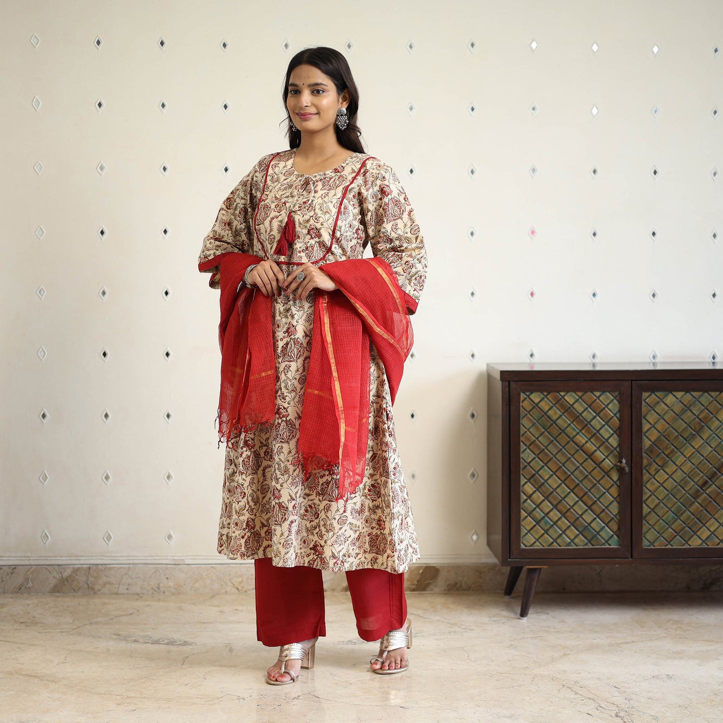 Block Print Cotton Pedana Kalamkari Kurta Set (Set of 3)