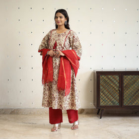 Block Print Cotton Pedana Kalamkari Kurta Set (Set of 3)