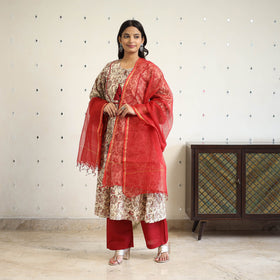 Block Print Cotton Pedana Kalamkari Kurta Set (Set of 3)