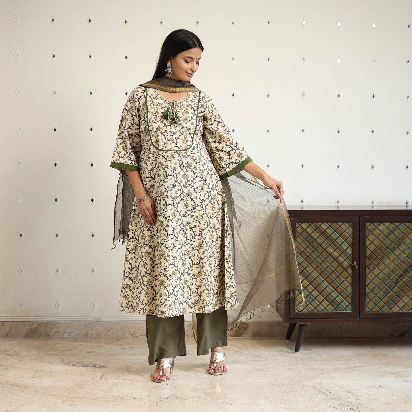 Block Print Cotton Pedana Kalamkari Kurta Set (Set of 3)