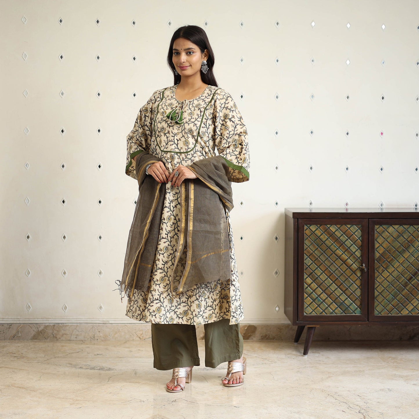 Block Print Cotton Pedana Kalamkari Kurta Set (Set of 3)