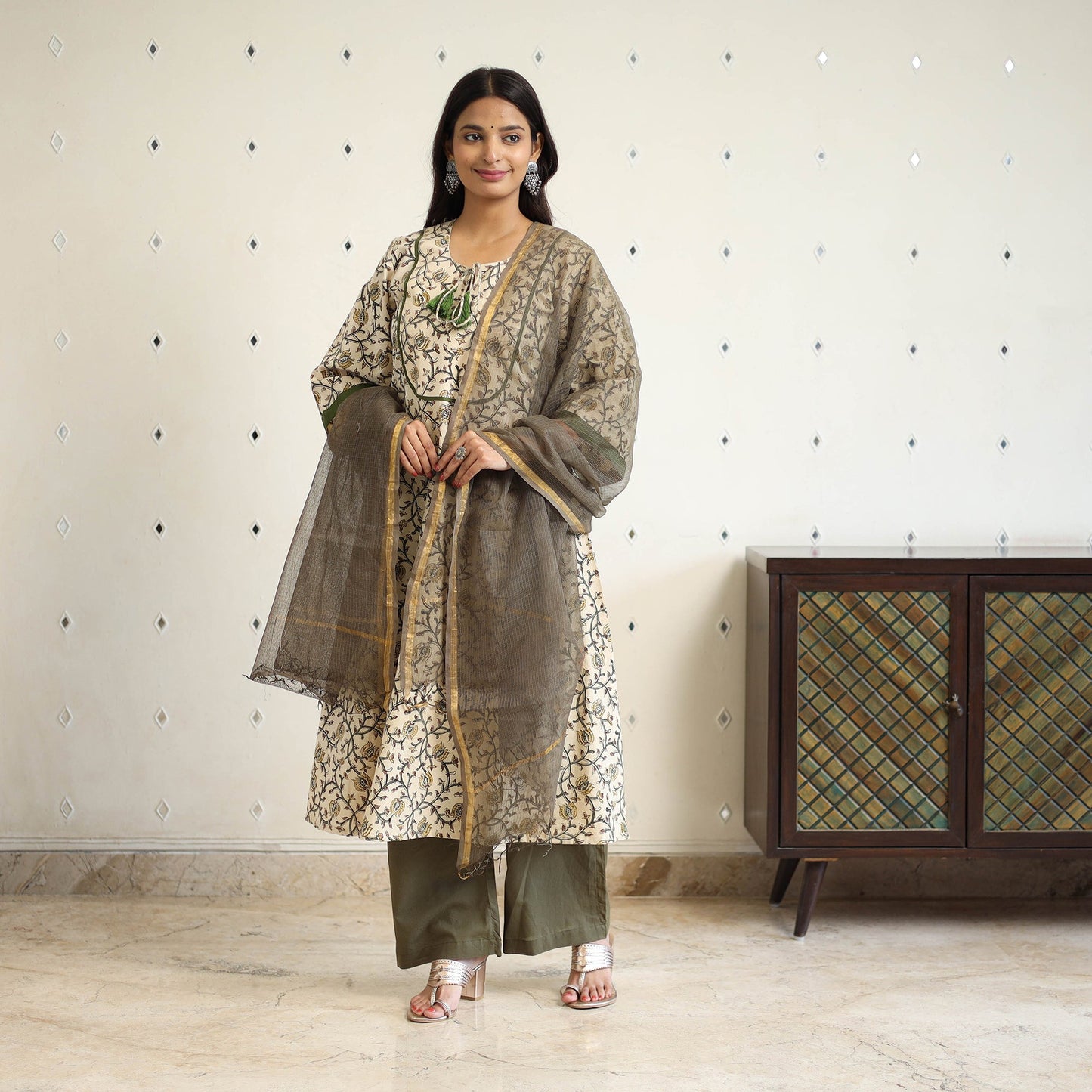 Block Print Cotton Pedana Kalamkari Kurta Set (Set of 3)