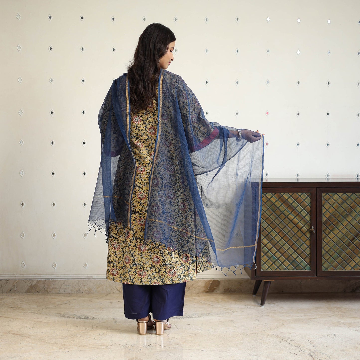 Block Print Cotton Pedana Kalamkari Kurta Set (Set of 3)