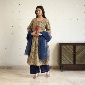 Block Print Cotton Pedana Kalamkari Kurta Set (Set of 3)