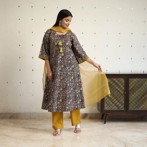 Block Print Cotton Pedana Kalamkari Kurta Set (Set of 3)