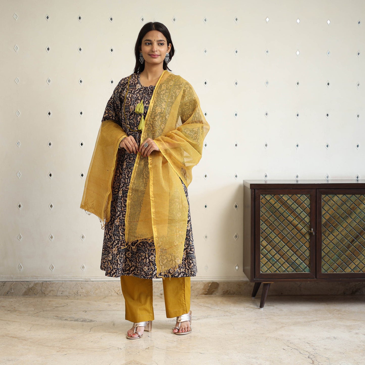 Block Print Cotton Pedana Kalamkari Kurta Set (Set of 3)