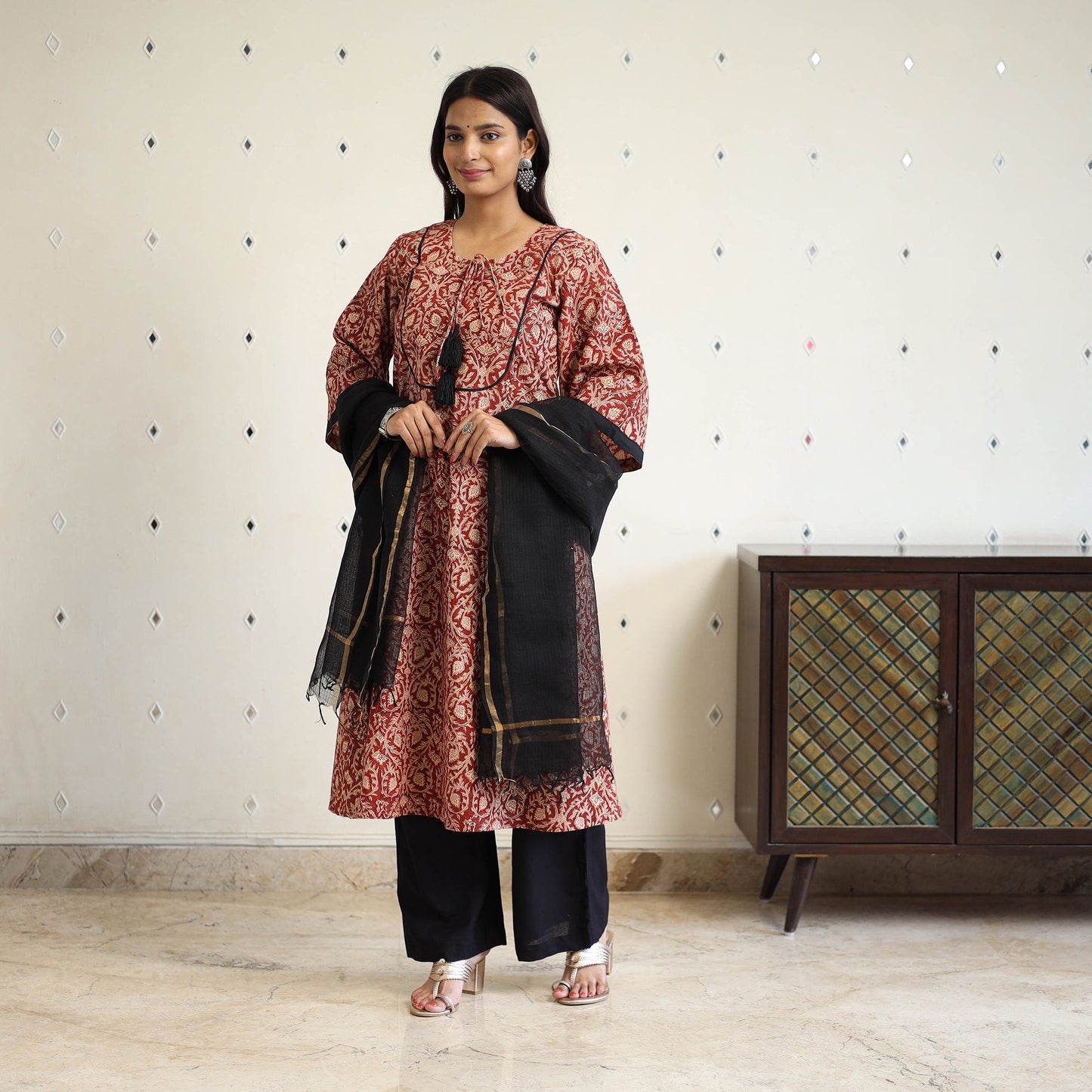 Block Print Cotton Pedana Kalamkari Kurta Set (Set of 3)