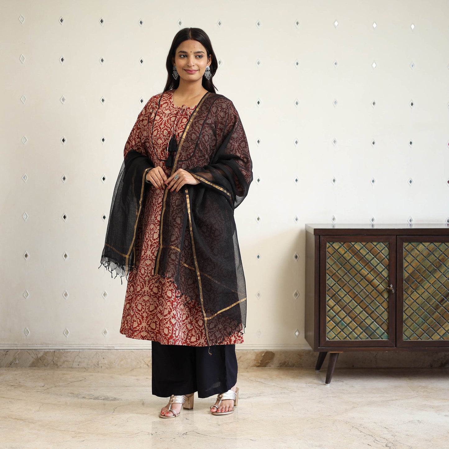 Block Print Cotton Pedana Kalamkari Kurta Set (Set of 3)