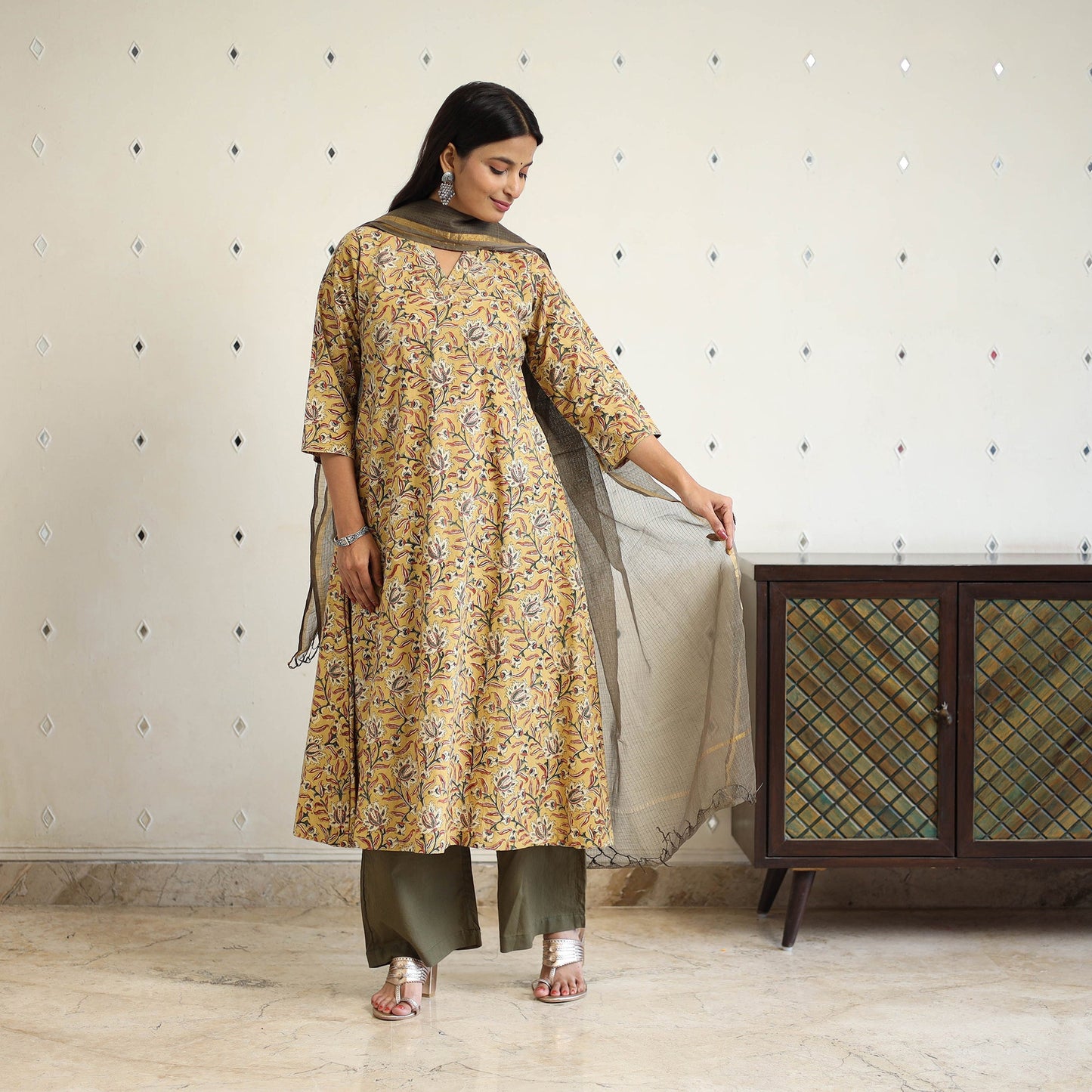 Block Print Cotton Pedana Kalamkari Kurta Set (Set of 3)