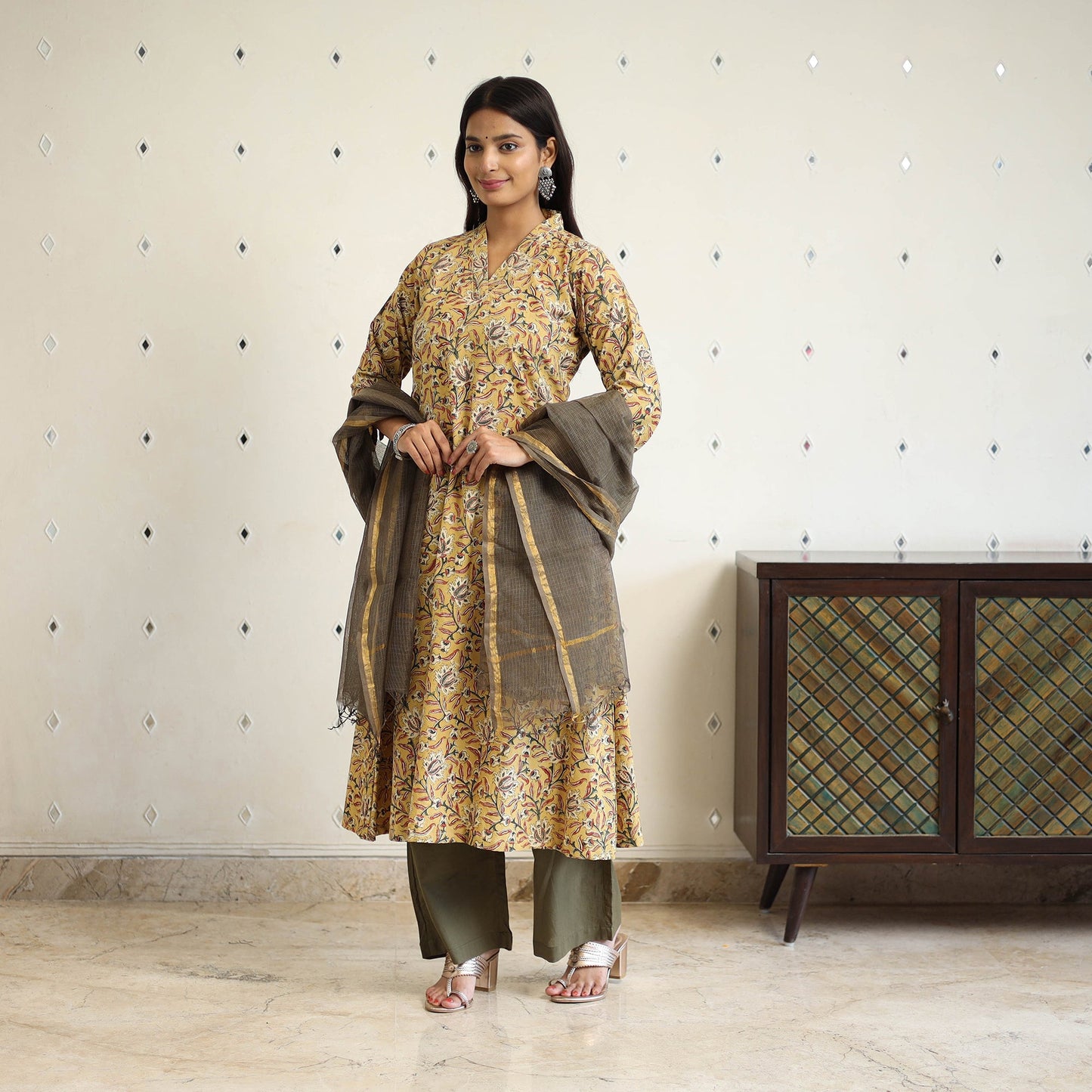 Block Print Cotton Pedana Kalamkari Kurta Set (Set of 3)