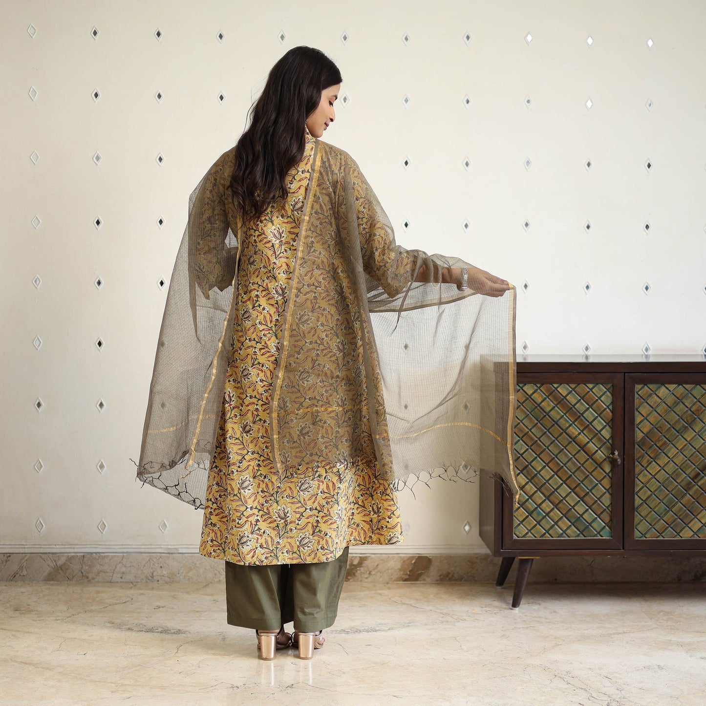 Block Print Cotton Pedana Kalamkari Kurta Set (Set of 3)