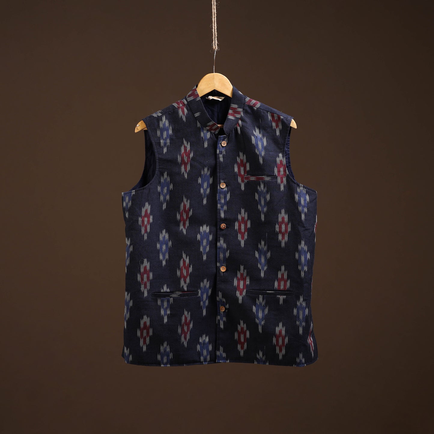 Cotton pochampally ikat men nehru jacket 02 - handcrafted