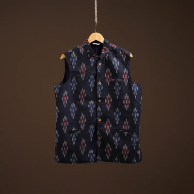 Cotton pochampally ikat men nehru jacket 02 - handcrafted