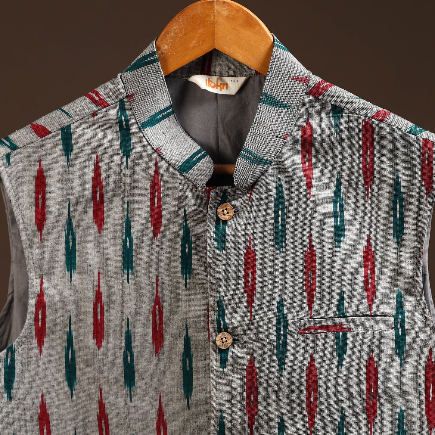 Cotton pochampally ikat men nehru jacket 13 - handcrafted
