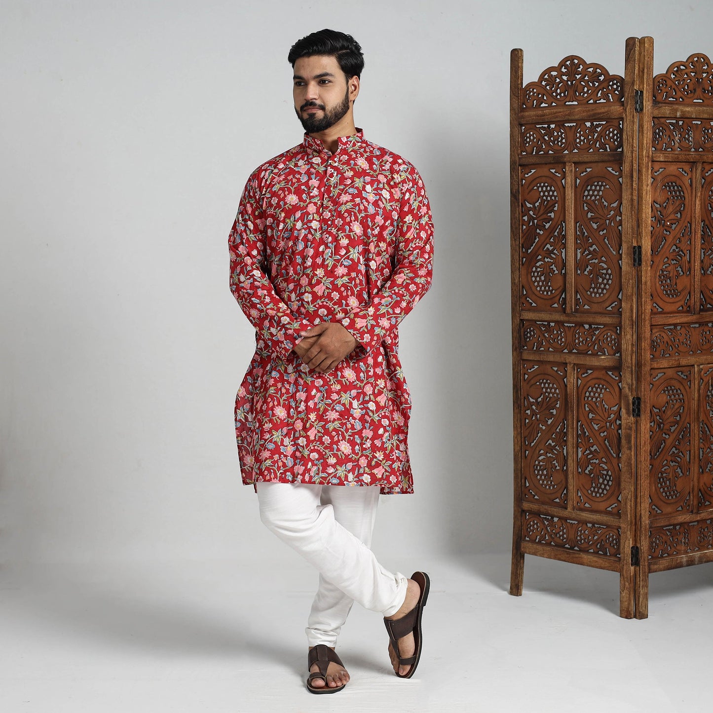 Cotton sanganeri kurta for men (long) 08 - handcrafted