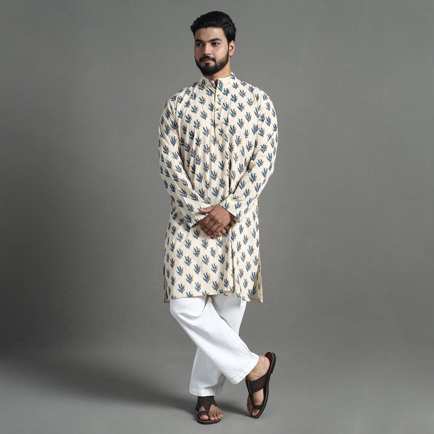 Cotton sanganeri kurta for men (long) 13 - handcrafted