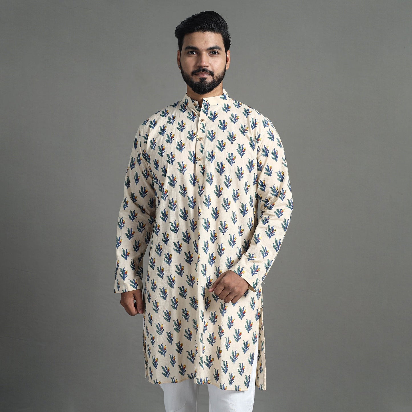 Cotton sanganeri kurta for men (long) 13 - handcrafted