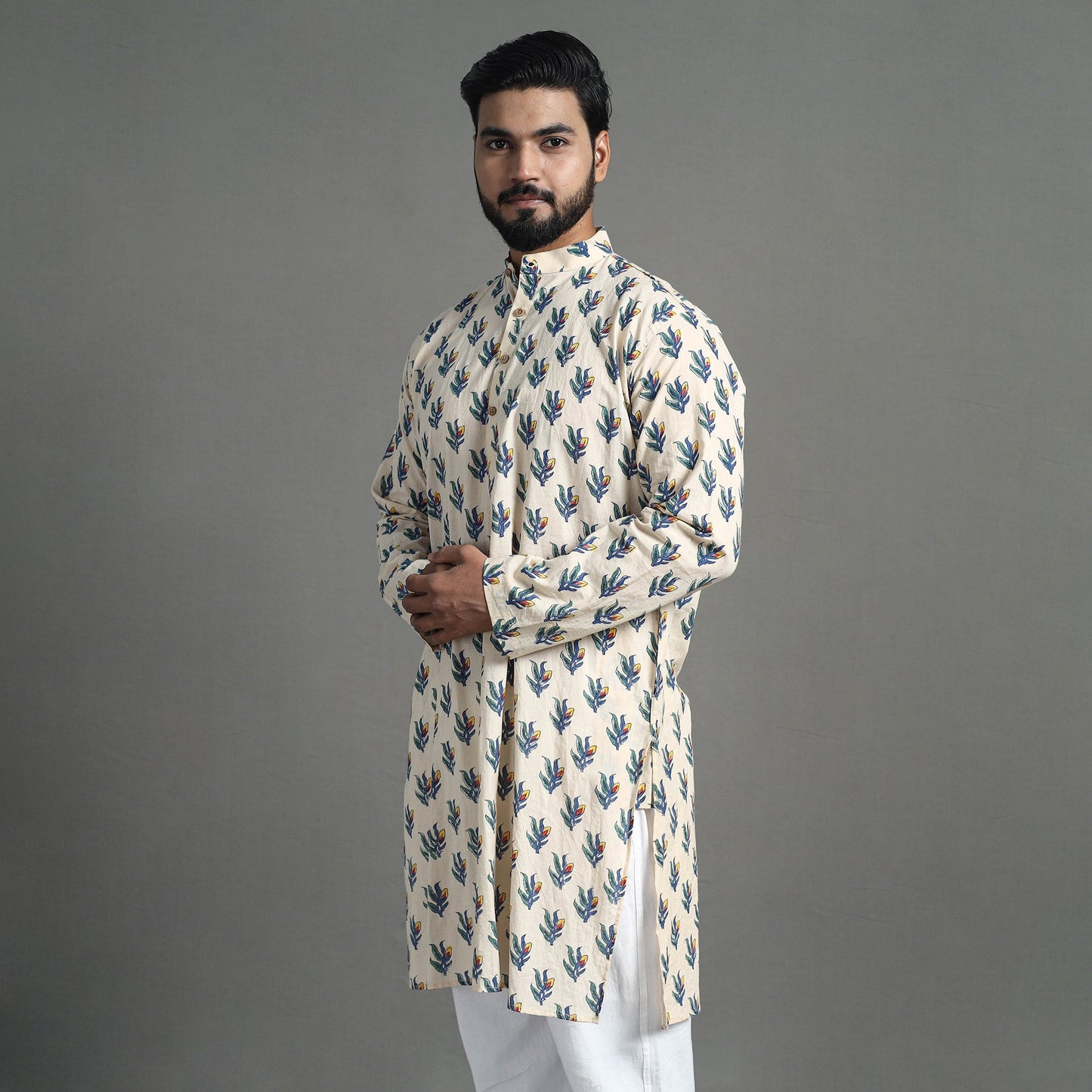 Cotton sanganeri kurta for men (long) 13 - handcrafted