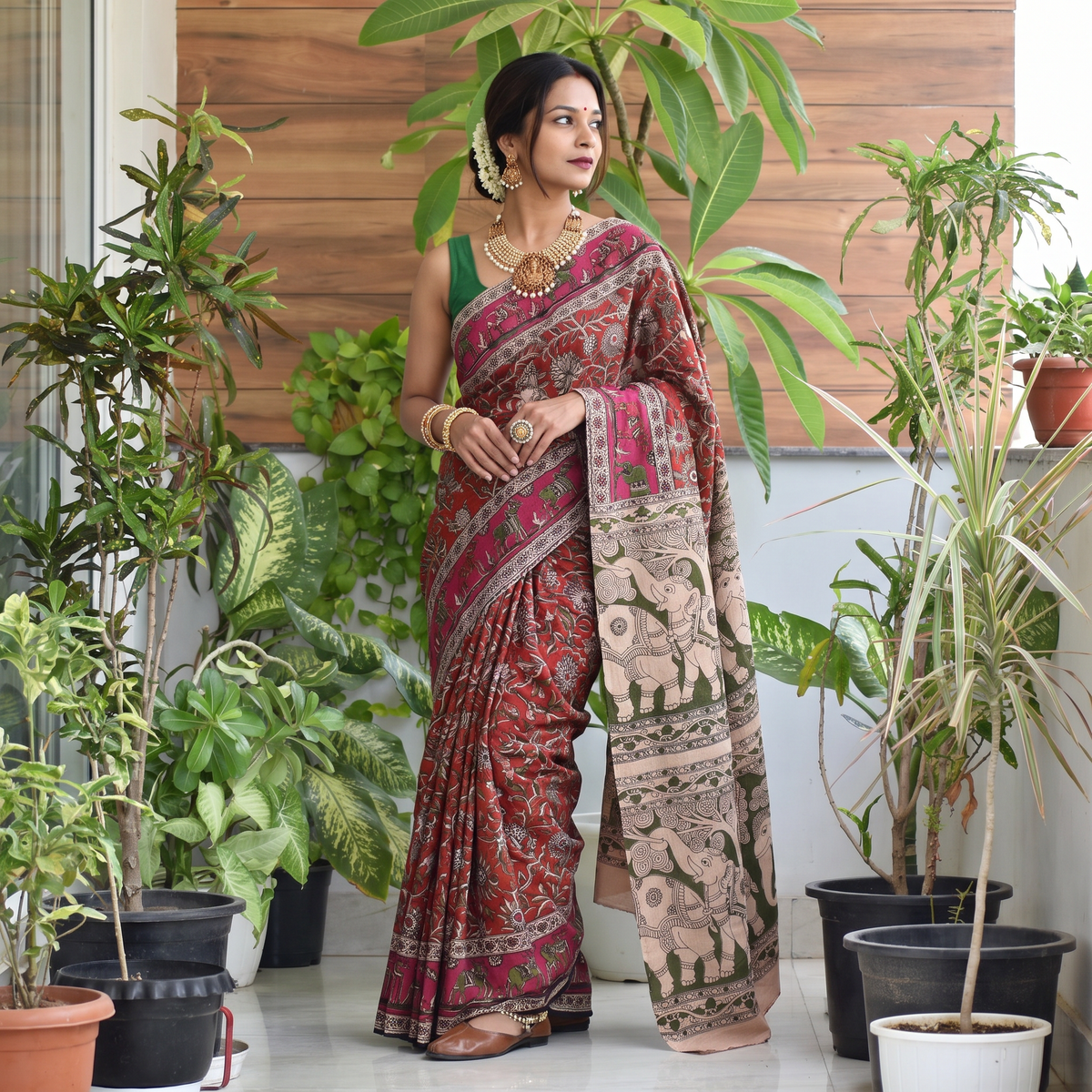 Orange Cotton Saree in Kalamkari Print, draped and worn by a woman, AI visual of the saree, iTokri