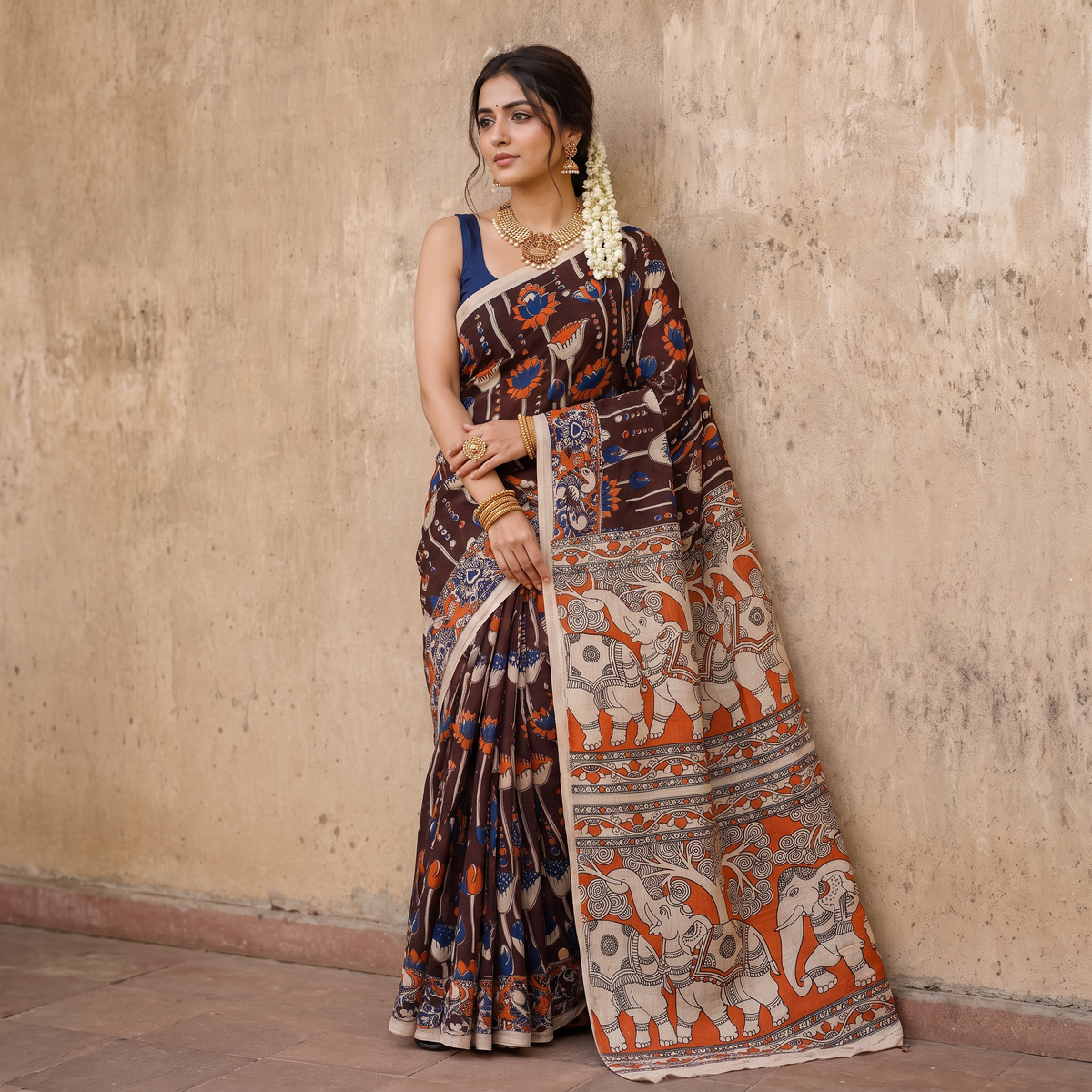 Brown Cotton Saree in Kalamkari Print, draped and worn by a woman, AI visual of the saree, iTokri