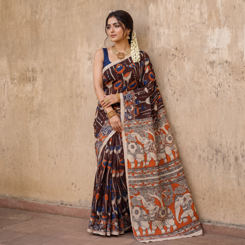 Brown Cotton Saree in Kalamkari Print, draped and worn by a woman, AI visual of the saree, iTokri
